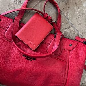 Red Coach leather handbag - comes with small card holder and shoulder strap, new